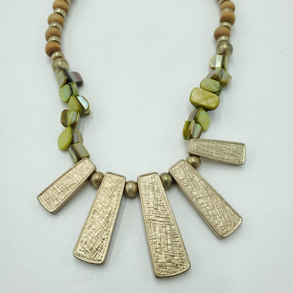 Wood Beads Necklace Gold Art Deco Neutral Colors - Picture 1 of 6